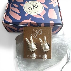 Plunder Earrings (new) PEARL BUNNY - BUNNY FACE ACCENTED W/ GOLD 1.75" With Box